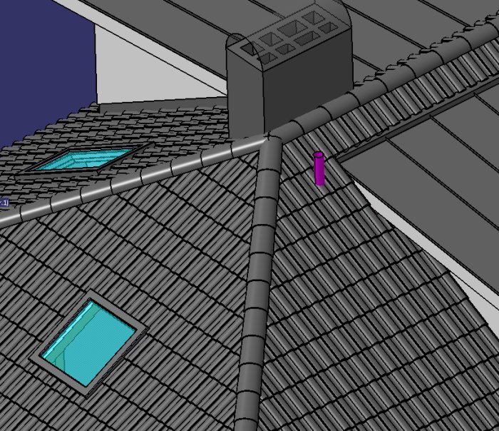 3D-ritning av ett hustak med förslag på avluftning markerad i lila vid skorstenen och FTX-rör.