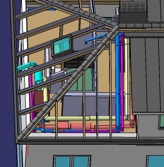 3D-ritning av byggnadens inre med färgkodade avluftningsrör och VVS-installationer vid sidan av en skorsten.