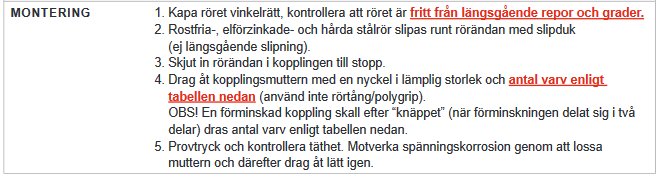 Monteringsinstruktion för klämringskoppling med rödmarkerad text om korrekt åtdragning.