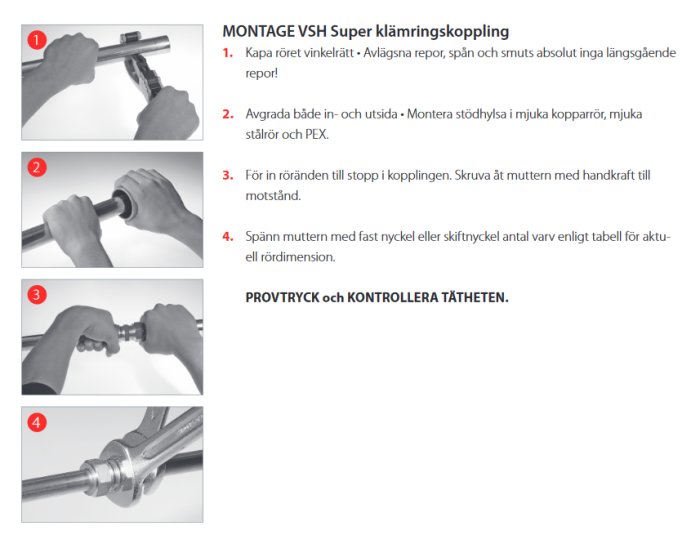 Steg-för-steg visuell guide för montering av VSH Super klämringskoppling på rör.