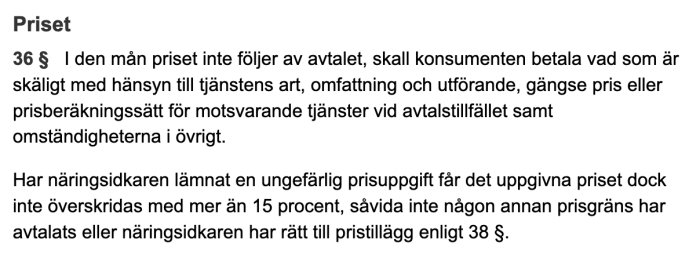 Skärmdump av text ur Konsumenttjänstlagen som diskuterar prissättning vid avtal som ej följer prisuppgift.