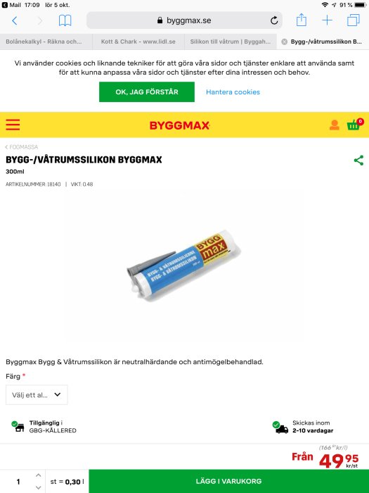 Tub med Byggmax bygg- och våtrumssilikon på en onlinebutiks sida med prisinformation.