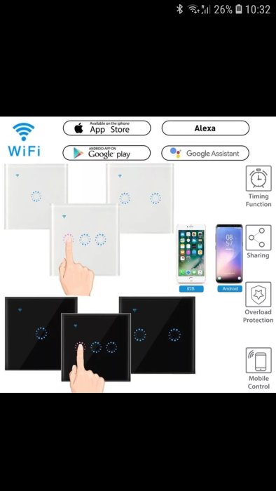 Illustration av smarta strömbrytare som styrs via app på smartphone, kompatibla med wifi och röstassistenter.