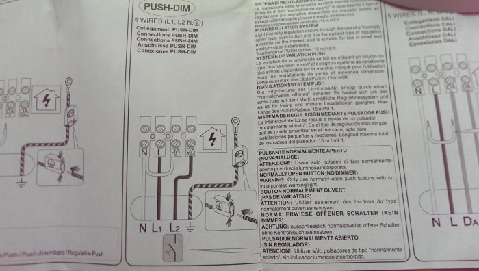 Instruktionsdiagram för inkoppling av PUSH-DIM och DALI ljussystem med text på flera språk.