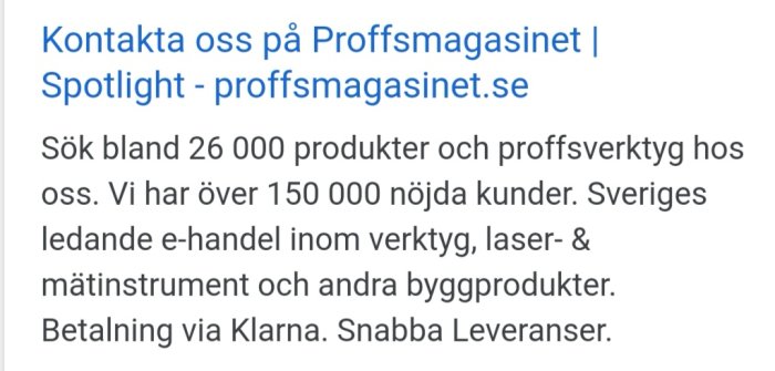 Skärmdump av en textannons för Proffsmagasinet med uppgifter om produktsortiment och kundnöjdhet.