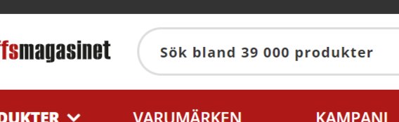 Skärmdump av webbplatsens sökfält med texten "Sök bland 39 000 produkter".