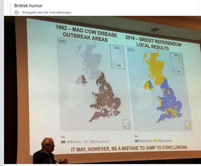 Person presenterar diabild med jämförelsekarta över utbrott av galna kosjukan 1992 och Brexit-röstning 2016.