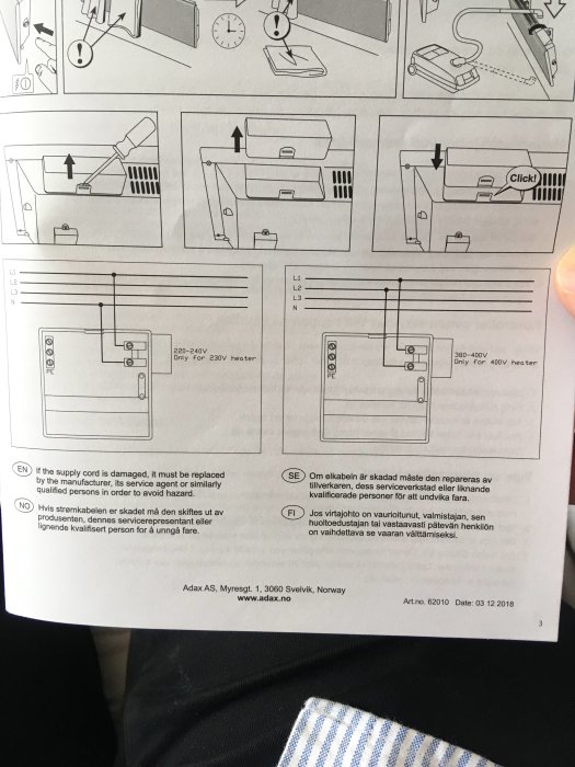 Instruktionsmanual som visar steg för att ansluta en elanordning, med text på olika språk och ett varumärkes namn och adress.