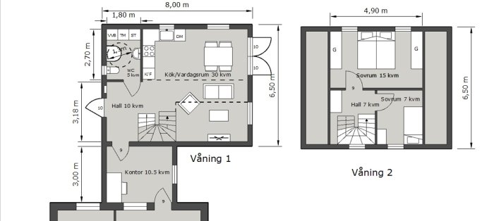 Planritningar för två våningar av en utbyggnad; våning 1 har kök/vardagsrum, WC och kontor, våning 2 har två sovrum och hall.