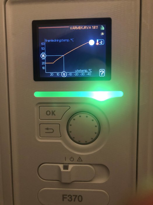 Nibe F370 värmepumpsdisplay med värme kurva, temperaturreglering och statusindikator.