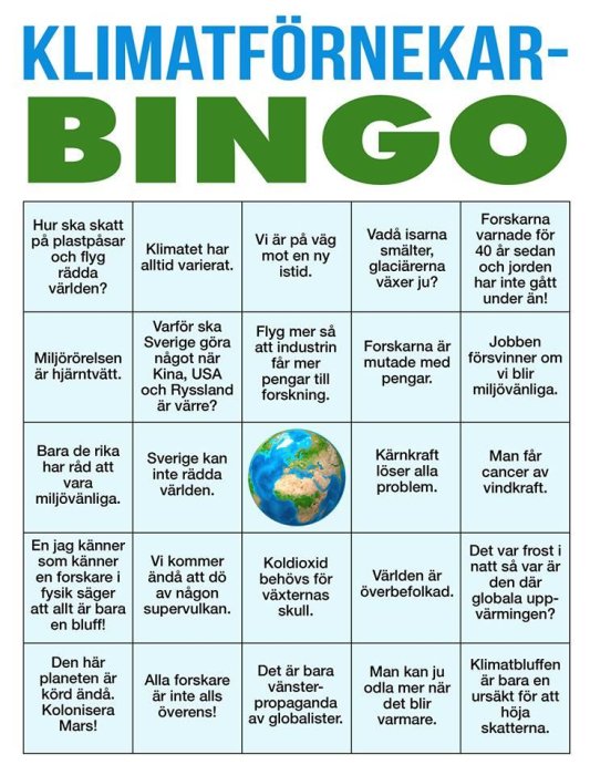 Bingo-schema med olika påståenden om klimatförnekelser, såsom "Koldioxid behövs för vattnets skull.