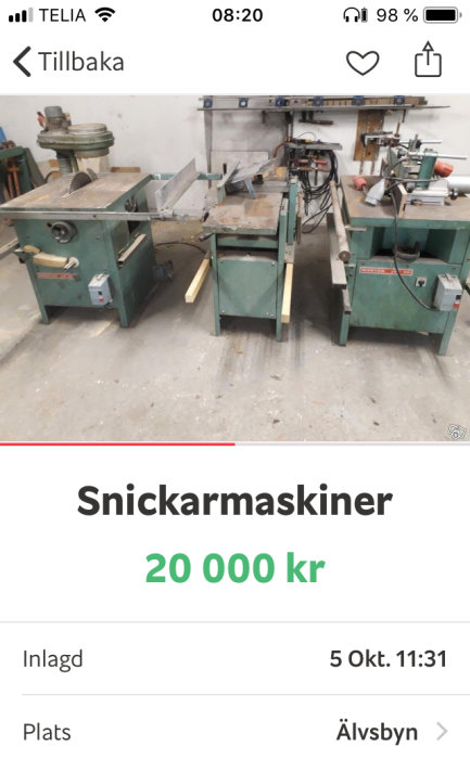 Flera gröna snickarmaskiner i ett verkstadsrum till salu för 20 000 kr.