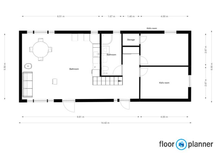 Svartvit ritning av en våningsplanslayout med markerade rum som "Bathroom", "Storage" och "Kid's room" samt måttangivelser.