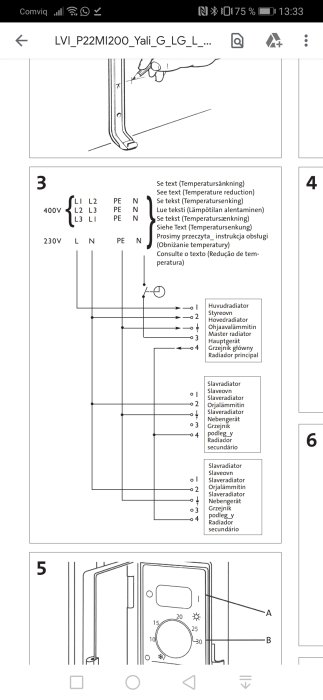 Elektrisk kopplingsschema för radiatorer med flerspråkig text och beteckningar för huvud- och slavradiatorer.