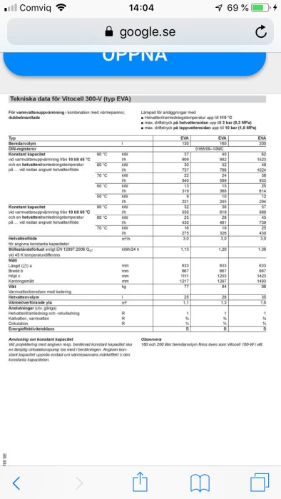 Skärmdump av tekniska data för Vitolcell 300-V på en mobilskärm med sökfältet google.se ovanför.