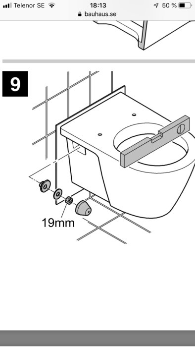 Illustration av toalettinstallation med detalj av 19mm mutterstorlek.