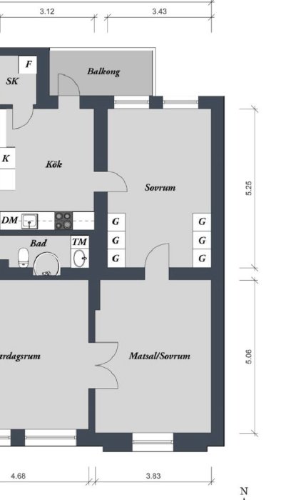 Planritning av en lägenhet som visar ett sovrum som ska delas upp i två rum, med angivna mått och placering av dörrar och garderober.