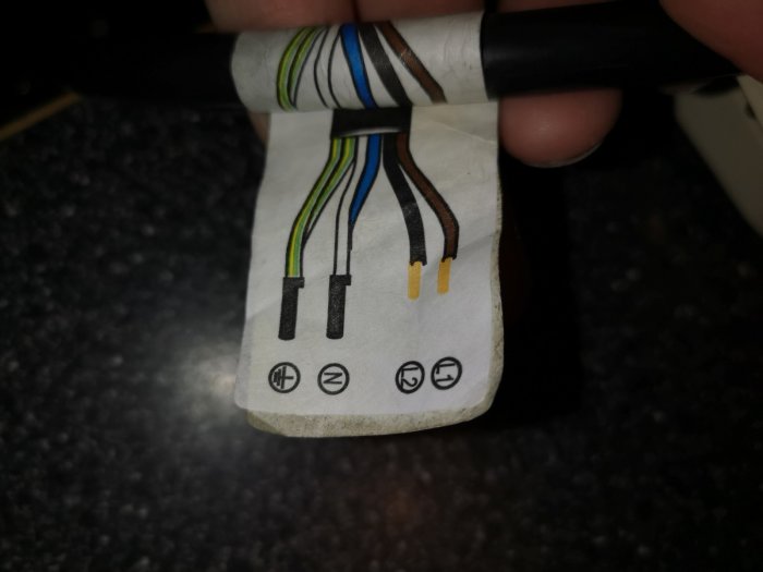 En närbild av en elkabel ansluten till en etikett med två olika kopplingsalternativ för en spishäll.
