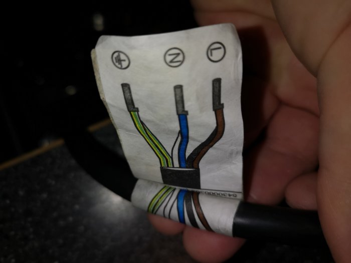Närbild på en hand som håller en delvis isolerad elkabel med en etikett som visar anslutningsdiagram för enfas.
