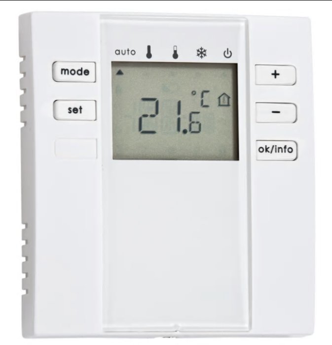 Digital rumsgivare för golvvärme med display som visar 21,6 grader Celsius.