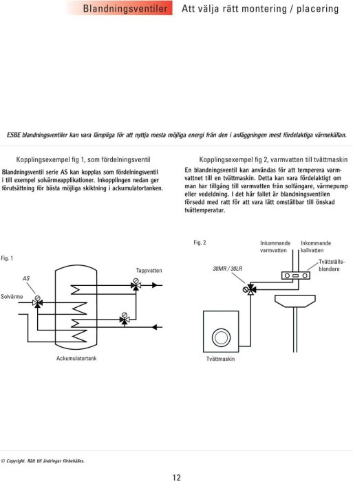 Schematiska kopplingsexempel för blandningssystem med akkumulatortank och tvättmaskin.