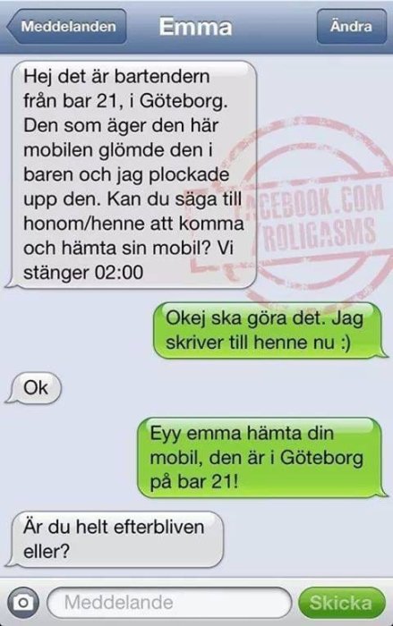 Skärmdump av textkonversation där någon berättar för Emma att hon glömt mobilen på en bar.