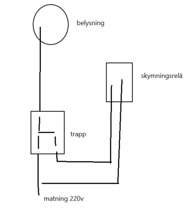Schematisk ritning som visar hur en trapp används för att styra belysning kopplat till ett skymningsrelä och matning 220v.