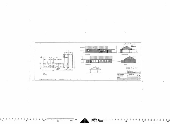 Arkitektonisk ritning av ett hus som visar planlösning och fasader, markerat för renovering.