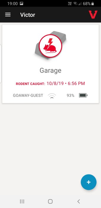 Skärmbild av Victor Smart-Kill WiFi-appen som visar notifikation om en fångad mus.