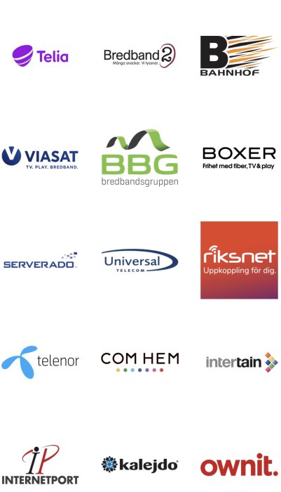 Logotyper för olika bredbands- och TV-leverantörer som Telia, Bredband2 och Bahnhof.