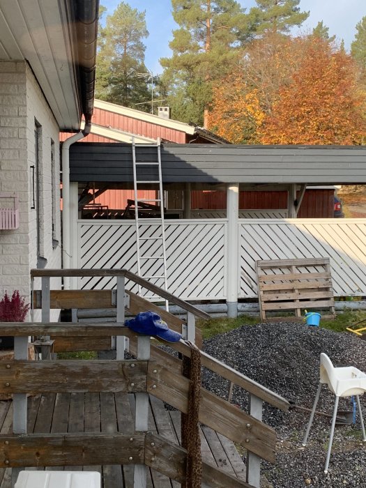 En stege vilande på en carport, nära till ett hus, med ett trädgårdsområde och pallkragar i bakgrunden.