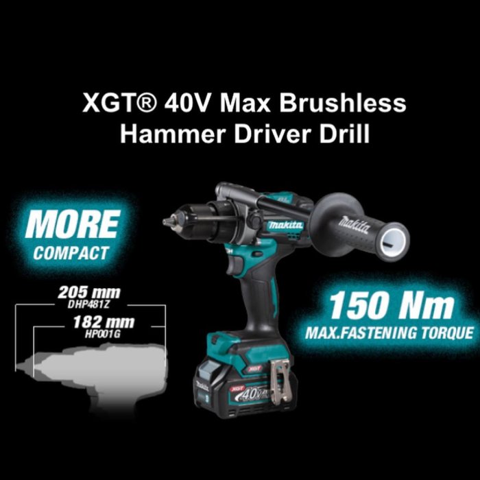 Borstlös slagborrskruvdragare Makita XGT® 40V Max med en specifikation som visar kompakthet och maxmoment på 150 Nm.