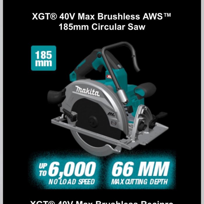 Makita 40V max borstlös cirkelsåg med AWS, skärdjup på 66 mm och rotationshastighet på 6,000 RPM.