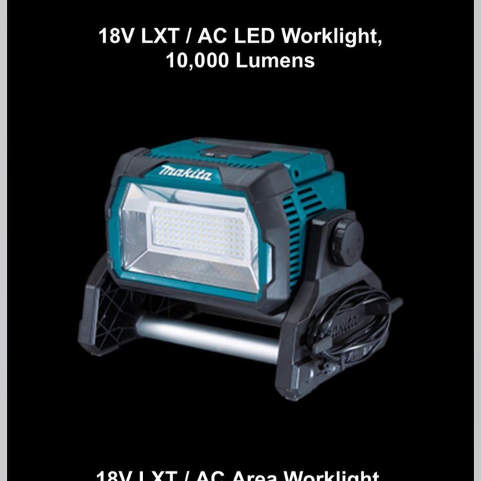 Makita 18V LXT/AC LED arbetslampa, 10,000 lumen, med kabel och handtag.