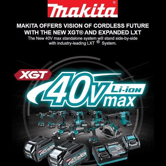 Reklambild för Makita 40V max XGT och LXT system, med olika verktyg och batterier.