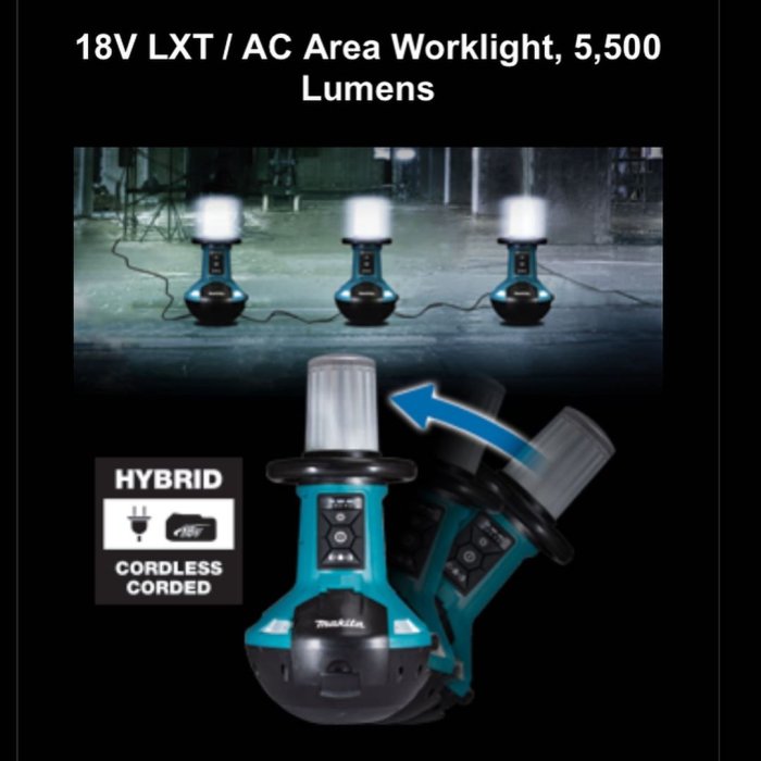 Bygglampor med texten "18V LXT/AC Area Worklight, 5,500 Lumens" och en adapter bredvid en laddare.