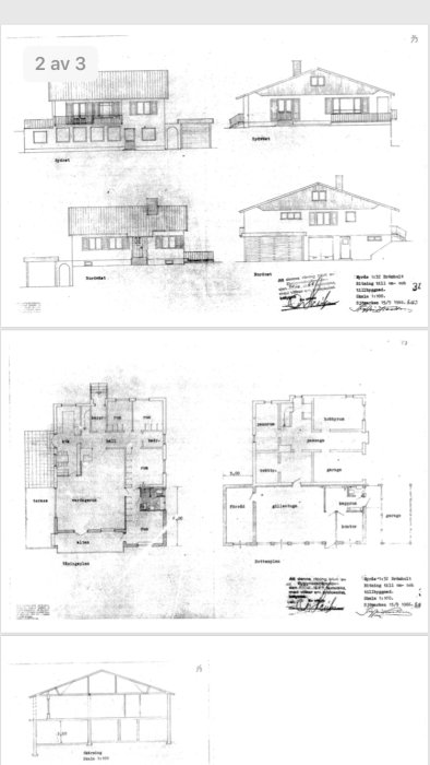 Arkitekturritningar av en villa med fasadvyer och planlösningar.