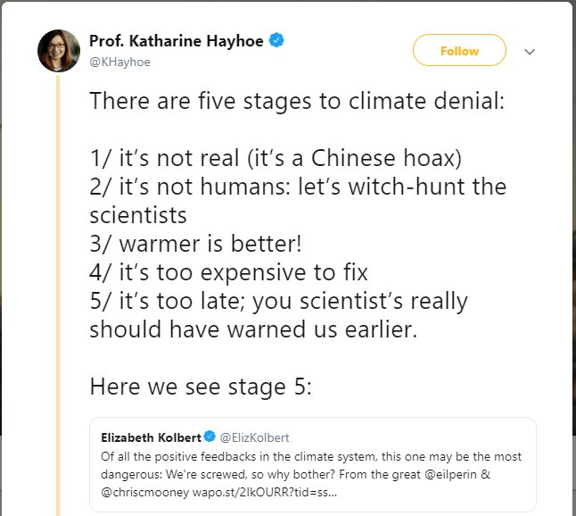 Skärmdump av Twitter-inlägg som listar fem steg av klimatförnekelse och kommentar om det femte steget.