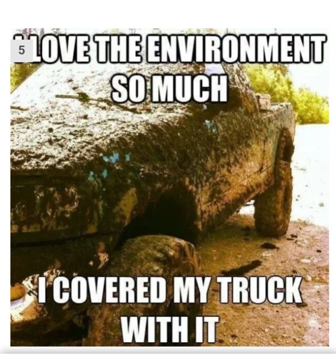 Lerigt fordon med text "I love the environment so much I covered my truck with it".