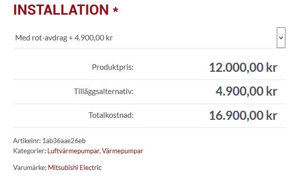 Skärmdump av en offert för installation av värmepump med priser och ROT-avdrag, från Mitsubishi Electric.