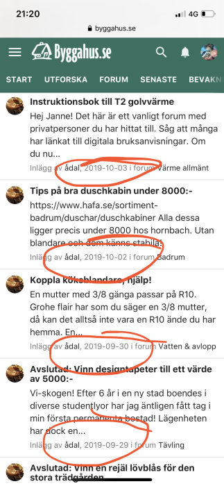 Skärmdump från byggforum visar navigationsmeny och inlägg markerade för att visa uppehåll i postningsdatum.