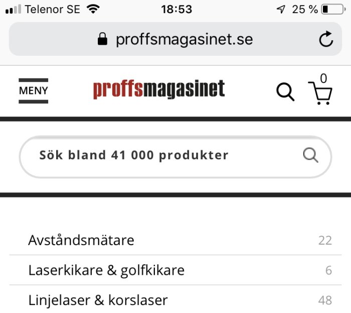 Skärmdump från Proffsmagasinet.se med sökresultat visande 41 000 produkter och kategorier för mätverktyg.
