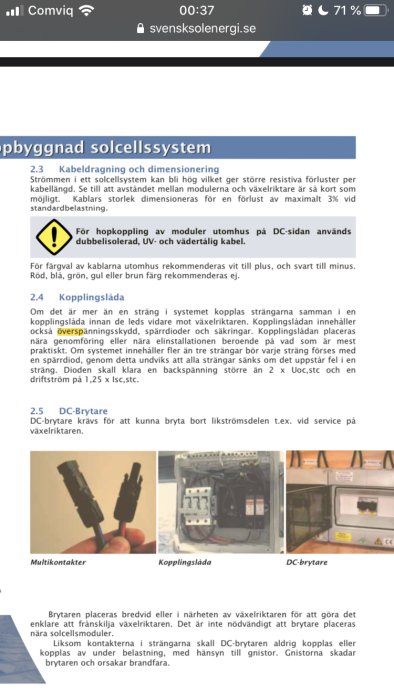 Skärmdump av en webbsida om solcellssystem med text och diagram över kablage, följt av bilder på multikontakter, en kopplingslåda och DC-brytare.