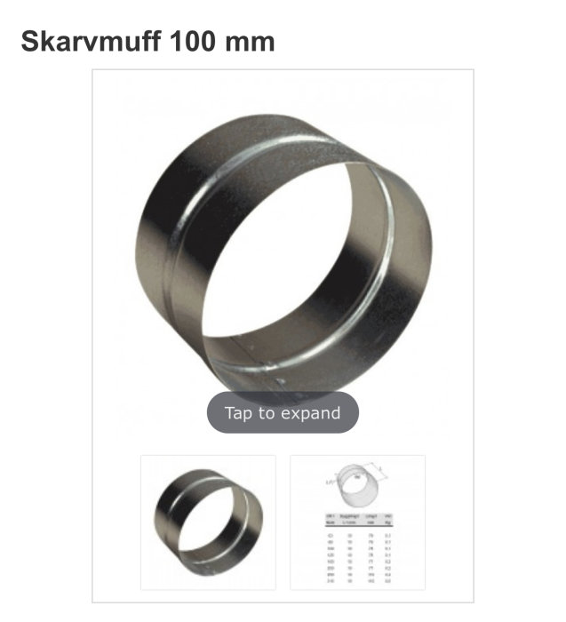 Metallisk skarvmuff på 100 mm för koppling av rörböjar vid bygg- och renoveringsarbeten.