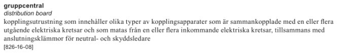 Utdrag från SS 436 00 00 om definition av grupcentral med text på svenska och engelska.
