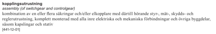 Utdrag ur en standard med definition av kopplingsutrustning, innehåller text på svenska och engelska.
