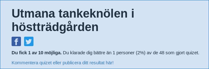 Skärmdump av ett quizresultat som visar 1 av 10 rätt svar, med texten "Utmana tankenölen i höstträdgården".