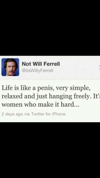 Skärmavbild av Twitter-inlägg med textskämt om livet, felaktigt tillskrivet Will Ferrell.