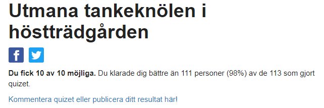 Skärmdump av quizresultat med texten "Du fick 10 av 10 möjliga. Du klarade dig bättre än 111 personer (98%) av de 113 som gjort quizet.