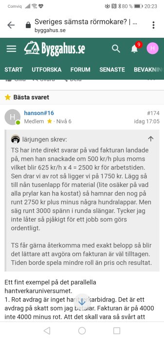 Skärmdump från byggforum med diskussionstråd om byggprojekts kostnader och ROT-avdrag.